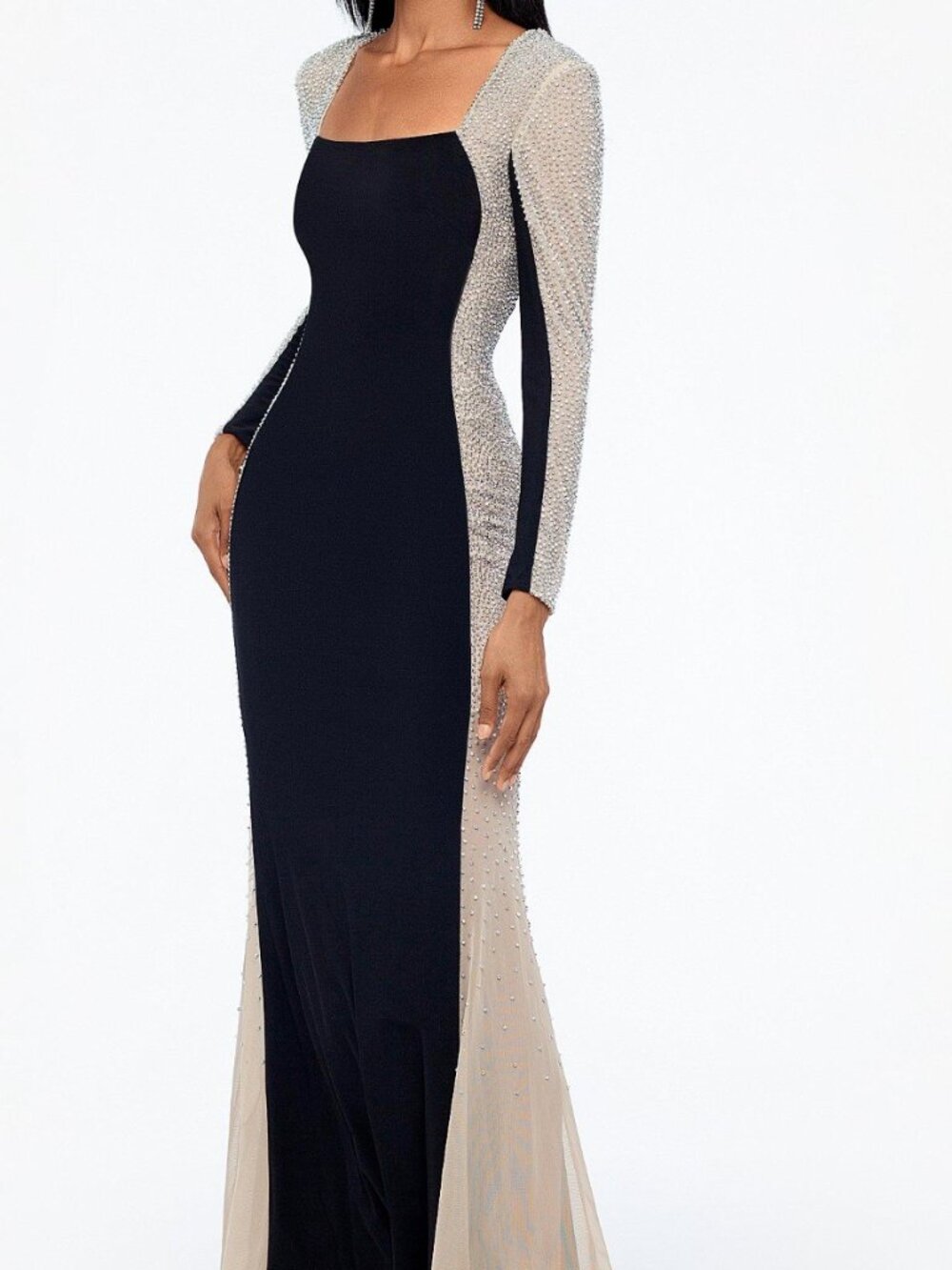 Xscape Caviar Beaded Mesh Panel Long Sleeve Gown Black Nude 4P NWT